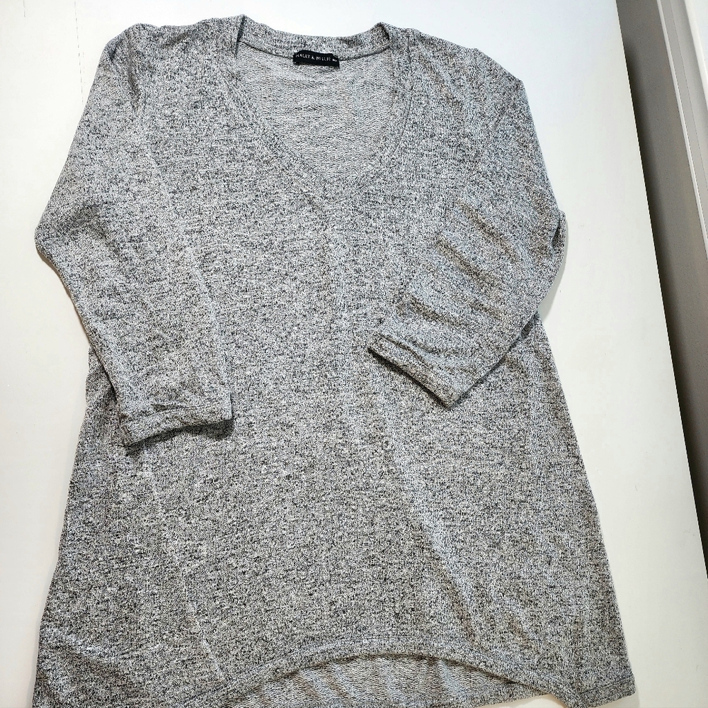 Nally & Millie Womens Grey White Marled Medium 3/4 Sleeves Long Pullover Sweater
